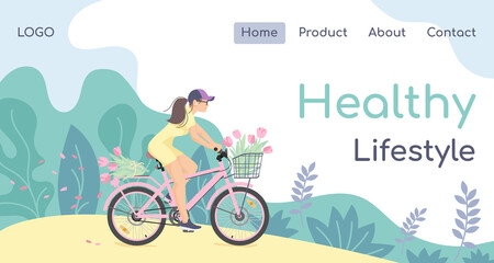 Fototapeta na wymiar Woman, girl in yellow dress on blue bicycle, cycle, bike with pink flower rides in the park, outdoor, sammer forest. Vector illustration for landing page, poster, banner, web, advertising.
