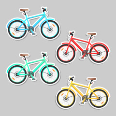 Four of red, green, blue, yellow retro bicycles, cycles sticker set, transport bike collection with white border on gray background. Vector illustration for flyer, poster, banner, web, advertising.
