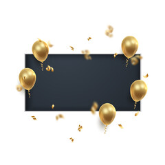 Poster witn realistic golden ballons, ribbons, serpentine, confetti and black paper cut rectangle. Vector illustration for card, party, design, flyer, poster, decor, banner, web, advertising. 
