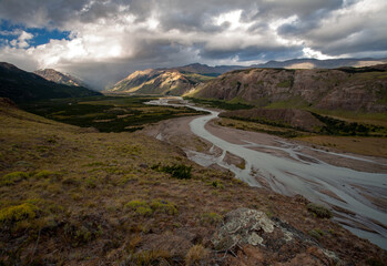 landscape with river and mountains. Rio de las vueltas, El Chalten, Patagonia Argentina