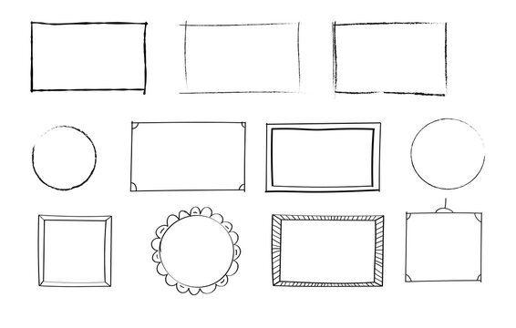 Hand drawn set of simple frames and borders with different shapes: rectangular, square, oval. Cut out isolated vector illustration for your banner design.Doodle sketch style. Element with a pen brush