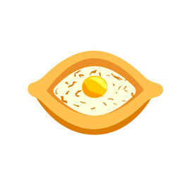 Traditional ajarian and georgian dish Agjarian khachapuri Boat. Baked bread filled with cheese, butter and egg.Flat Vector Illustration isolated on white background.