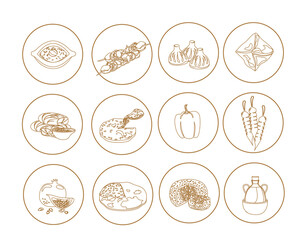 Hand drawn graphic Georgian cuisine Food Set Icons dishes in outline style.Different Baked khachapuri,khinkali,shashlik,fried meat,dolma dishes.Flat Vector illustration isolated on white background