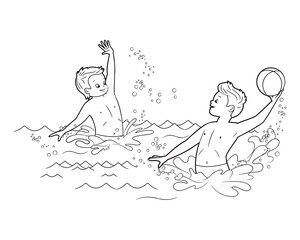 Coloring book: funny children play with a ball in the water, on the summer beach. Vector illustration in cartoon style, black and white line art for kids