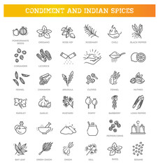 Condiment icons set. Outline set of condiment vector icons