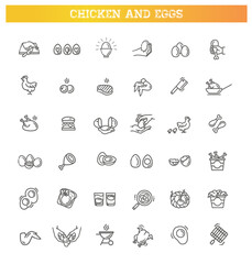 Chicken Meat. Thin Line Icons. Eggs icons set,Vector outline illustration. Broken eggs
