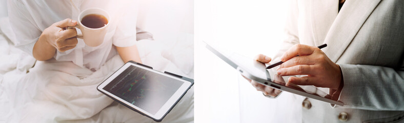 Online shopping, online learning, wark at home. Distance education. Quarantine, self-isolation. Woman look at laptop. Freelancer, Digital nomad concept