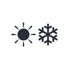 Sun and snowflake. Heat and cold. Paired contrast, opposites. Vector icon isolated on white background.
