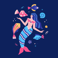 Vector fabulous underwater world. Colorful marine life. Cute hand-drawn mermaid, fish, shells. It can be used for baby clothes, stickers, T-shirts, swimwear, poster