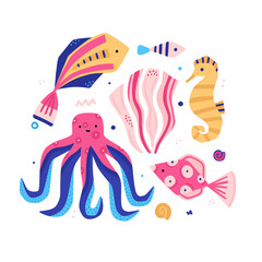 Vector funny underwater world. Colorful marine life. Cute hand-drawn fish, shells, octopus, seahorse, seaweed. It can be used for baby clothes, stickers, T-shirts, swimwear