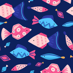 Vector seamless pattern with colorful underwater world. Cute hand-drawn fish. Marine life. Repeating background. It can be used for baby clothes, T-shirts, swimwear, wrapping, wallpaper, cloth