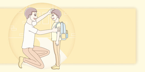 father and son with bag going back to school. first day to study.