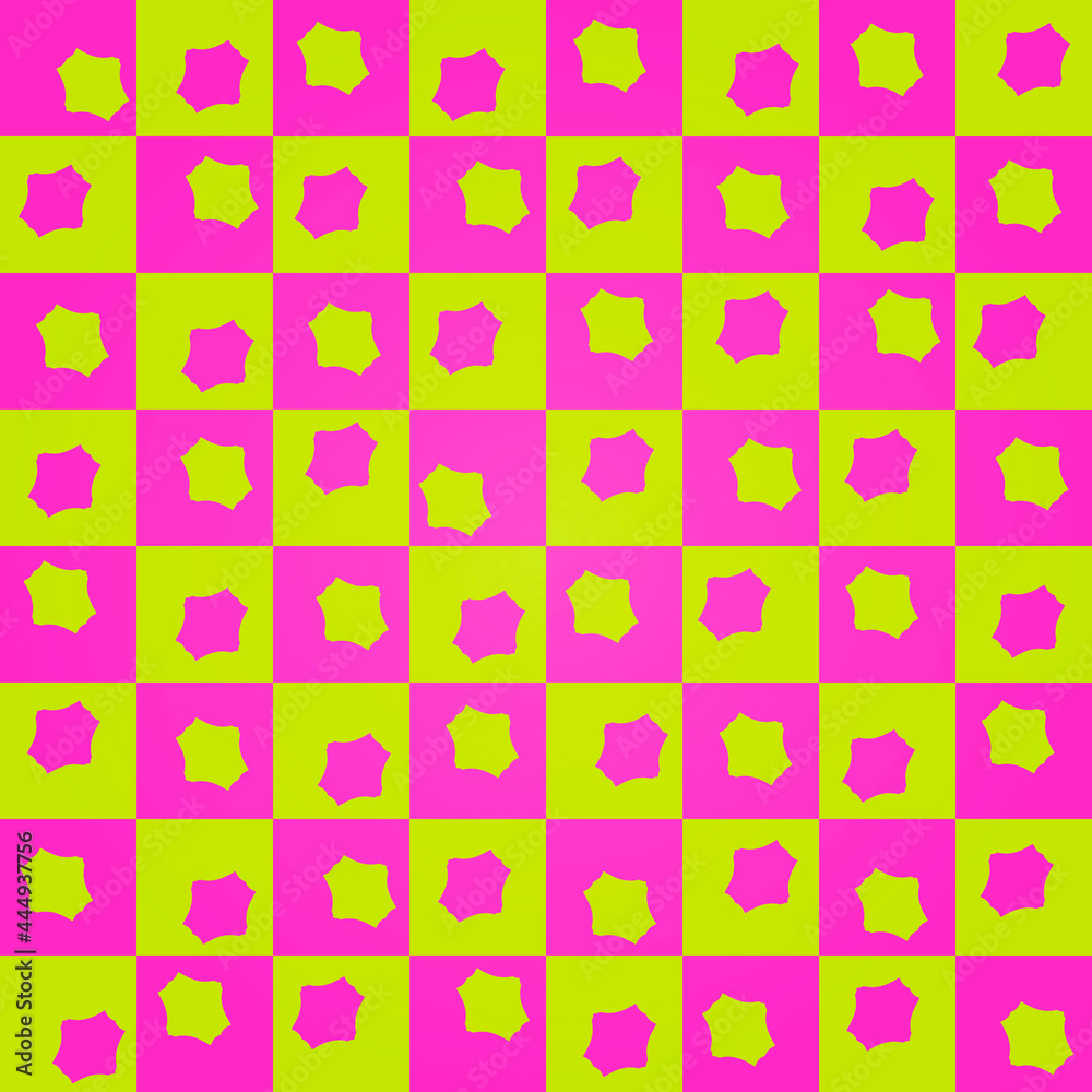 Aufkleber pink and yellow squares and opposite blots in the center. vector chessboard.