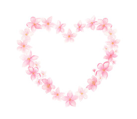 Watercolor floral heart frame with pink spring flowers isolated on white background. 