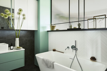 Stylish and creative minimalistic small bathroom interior design with marble walls with green...