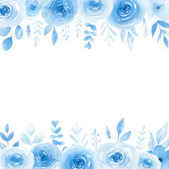 Watercolor blue floral frame isolated on white background. Wedding floral invitation, greeting card. Something blue watercolor theme.  
