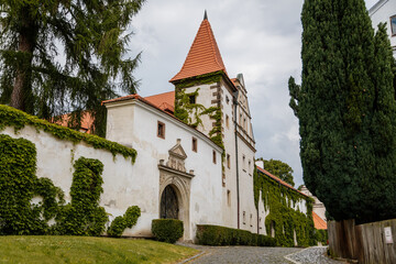 Fototapeta na wymiar Benesov nad Ploucnici, North Bohemia, Czech Republic, 26 June 2021: old saxoxy renaissance castle at summer sunny day, graceful towers with spiers, ivy braided white walls, green trees at the street