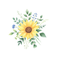 Watercolor sunflower arrangements isolated on white background. summer floral bouquet with yellow flowers, greenery. 