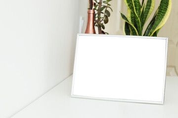 empty photo frame on white table with flower pots on background