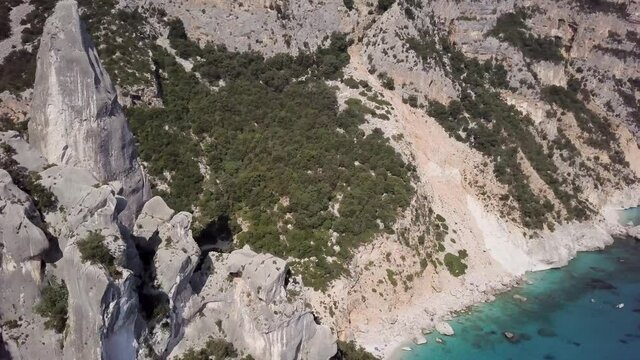 Stunning aerial view of a beautiful hidden beach with a turquoise water. Cala Goloritze beach, Sardinia, Italy.