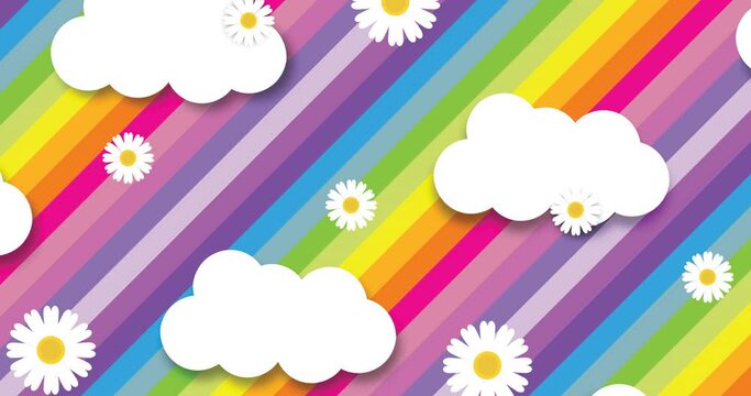Animation of white clouds and flowers repeated on rainbow backgroud