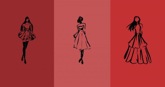 Animation of fashion drawings of model on red background