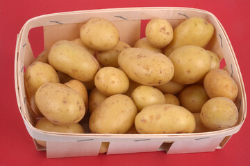 Cagette en bois de pommes de terre en gros plan sur fond rouge