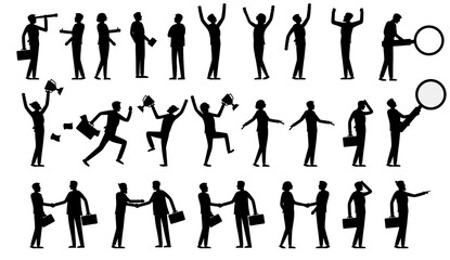 Set of business people silhouettes - Collection of businessmen and women in various poses, success, research, handshake and cheering. Vector illustration.