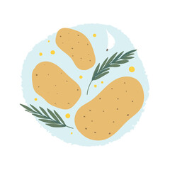 Rosemary potato ingredients. Homemade garnish with garlic, olive oil and herbs. Flat hand drawn food illustration for kitchen print.