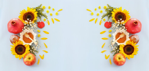 honey, pomegranate and apple. Rosh hashanah (jewish New Year holiday) concept. Traditional symbol