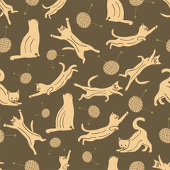 Fototapeta na wymiar Seamless pattern with cats in different poses and yarn with knitting needles. Vector colorful illustration hand drawn. Brown background