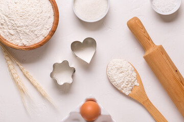 Baking or cooking background. Ingredients, kitchen items for baking.
