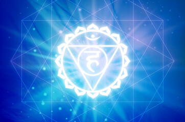 Vishudha Chakra symbol on a blue background. This is the fifth Chakra, also called The Throat Chakra
