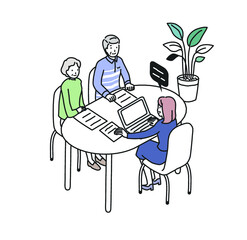 スーツの女性と対面相談をするシニア夫婦