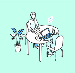 介護士と対面相談をするシニア男性