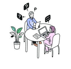 介護士と対面相談をするシニア男性