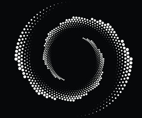 White halftone dots in vortex form. Geometric art. Trendy design element.Circular and radial lines volute, helix.Segmented circle with rotation.Radiating arc lines.Cochlear 