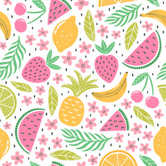 Seamless pattern with colorful fruits for textile design. Summer background in bright colors. Hand-drawn trendy vector illustration.