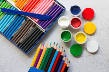 Colored gouache and plasticine, a set for school and creativity