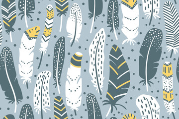 Hand-drawn feathers vector seamless pattern - for fabric, wrapping, textile, wallpaper, background.