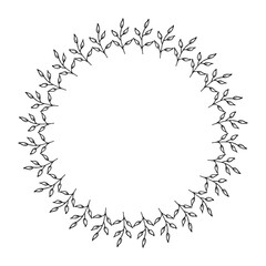 Round frame with black-and-white branches on white background. Doodle style. Vector image.