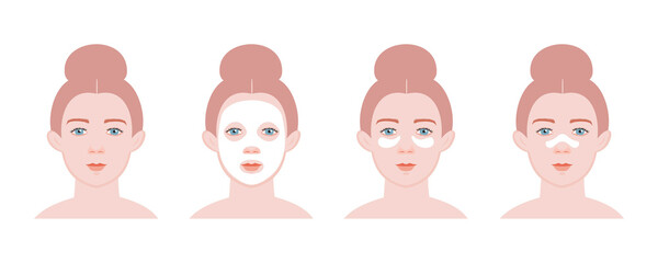 Fototapeta premium Mask on the face of a girl sheet, clay. Patches on the eyes. Facial care. Vector illustration.