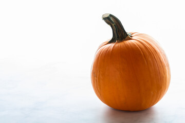 Whole pumpkin against a bright white background.
