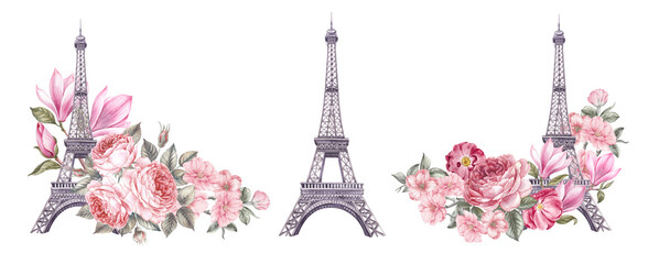 Watercolor elements of the Eiffel tower. Set rose flowers. Collection botanic illustration leaves, flower and branches. - obrazy, fototapety, plakaty