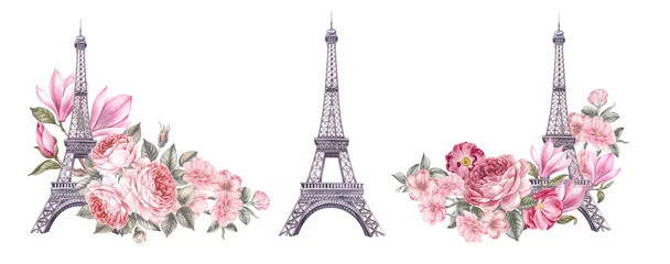 Foto op Canvas Watercolor elements of the Eiffel tower. Set rose flowers. Collection botanic illustration leaves, flower and branches. © Kotkoa