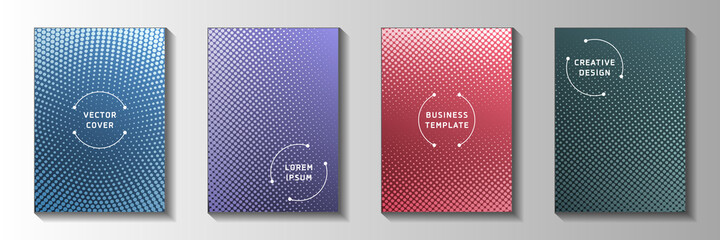 Simple dot perforated halftone cover templates vector series. Geometric magazine faded halftone