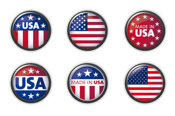 USA button set with American flag. Vector illustration.