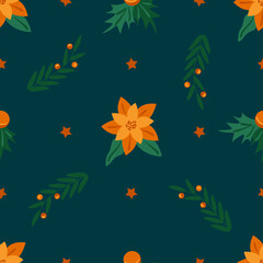Fototapeta na wymiar New Year seamless pattern with Christmas tree decorations and poinsettia. Flat vector background