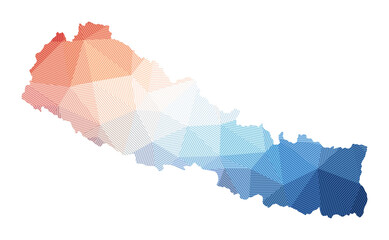 Map of Nepal. Low poly illustration of the country. Geometric design with stripes. Technology, internet, network concept. Vector illustration.