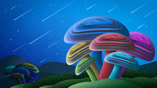 Fantasy art background or colorful mushroom landscape wallpaper with night shades with dark blue starry sky illustration